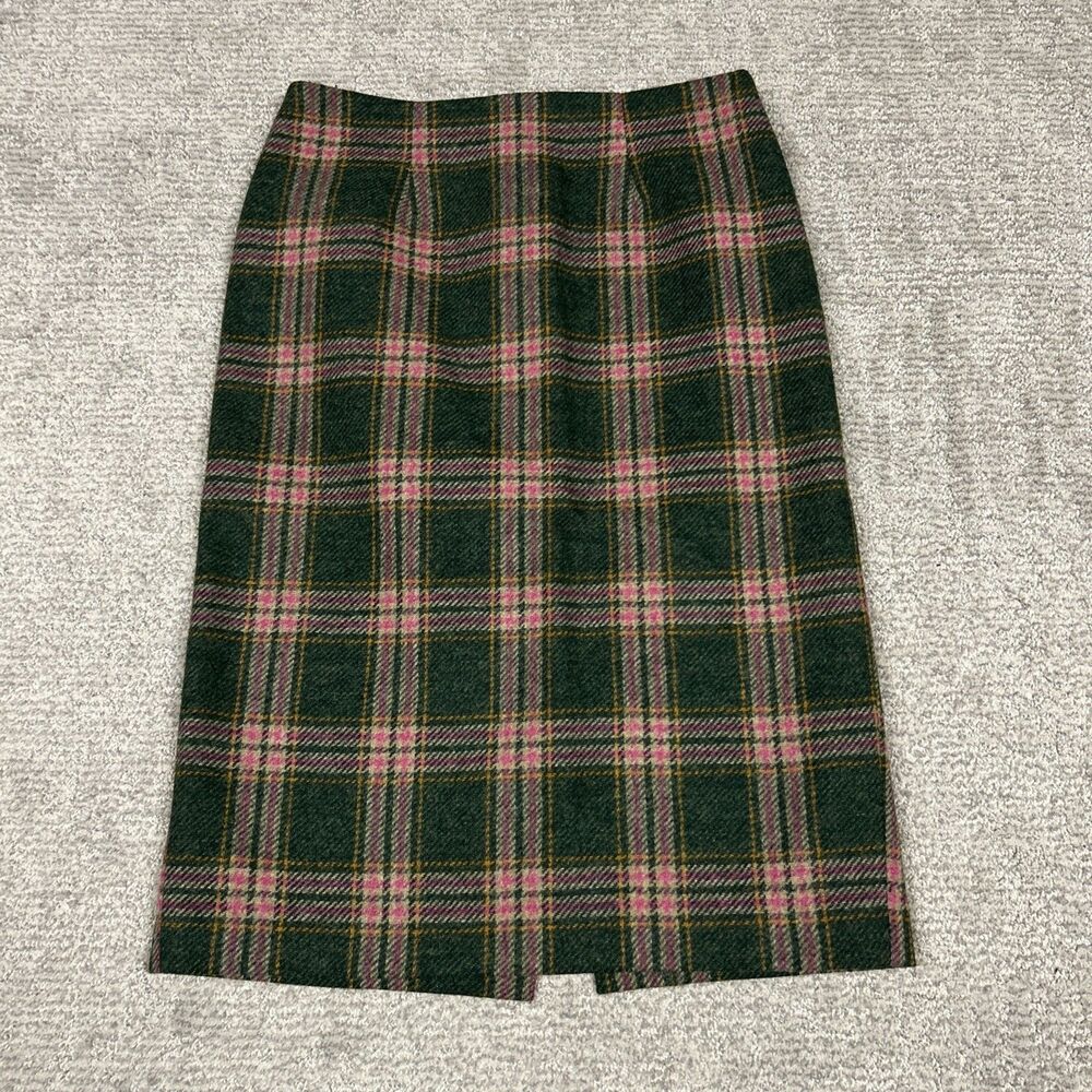 Boden British Tweed Skirt Womens 6 Long Green Pink Plaid 100% Wool Pencil Career